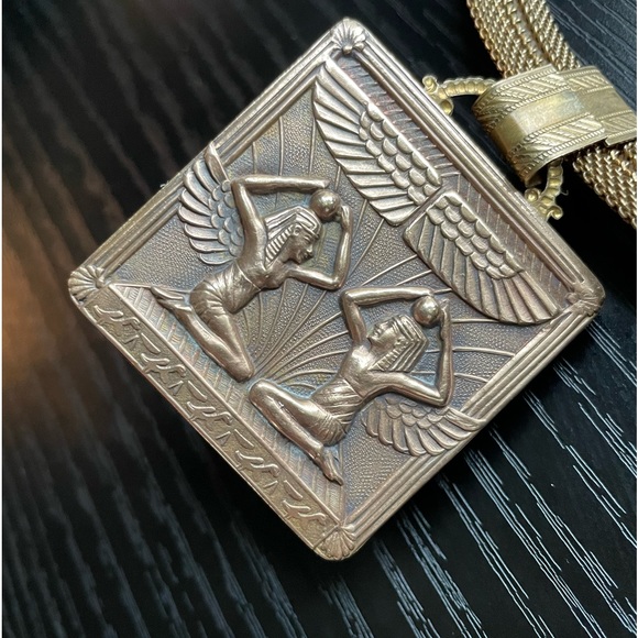 Vintage Designer Patrice Brass Egyptian mesh cat eye necklace earring set - Picture 8 of 9